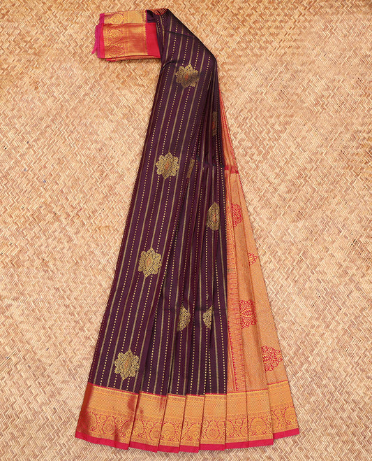 Brown Budget Silk Saree, Graced with Zari Buttas and Stripes, Complemented by a Contrast Traditional Zari Border, Grand Pallu, and Contrast Blouse
