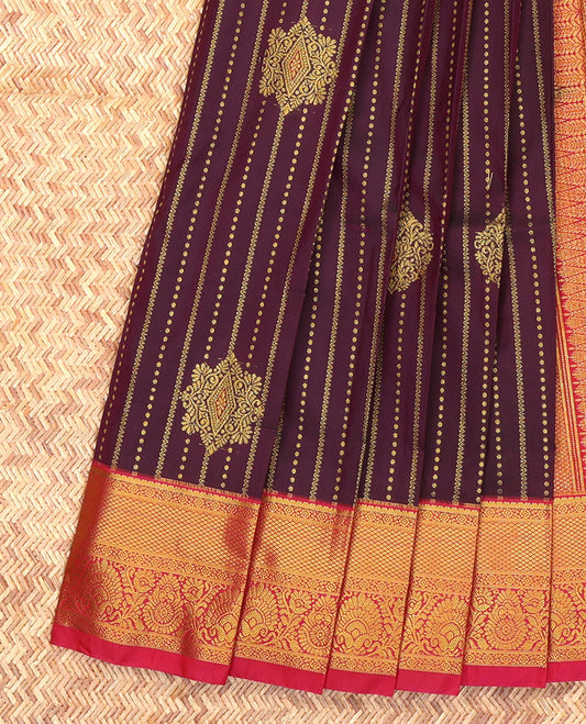 Brown Budget Silk Saree, Graced with Zari Buttas and Stripes, Complemented by a Contrast Traditional Zari Border, Grand Pallu, and Contrast Blouse