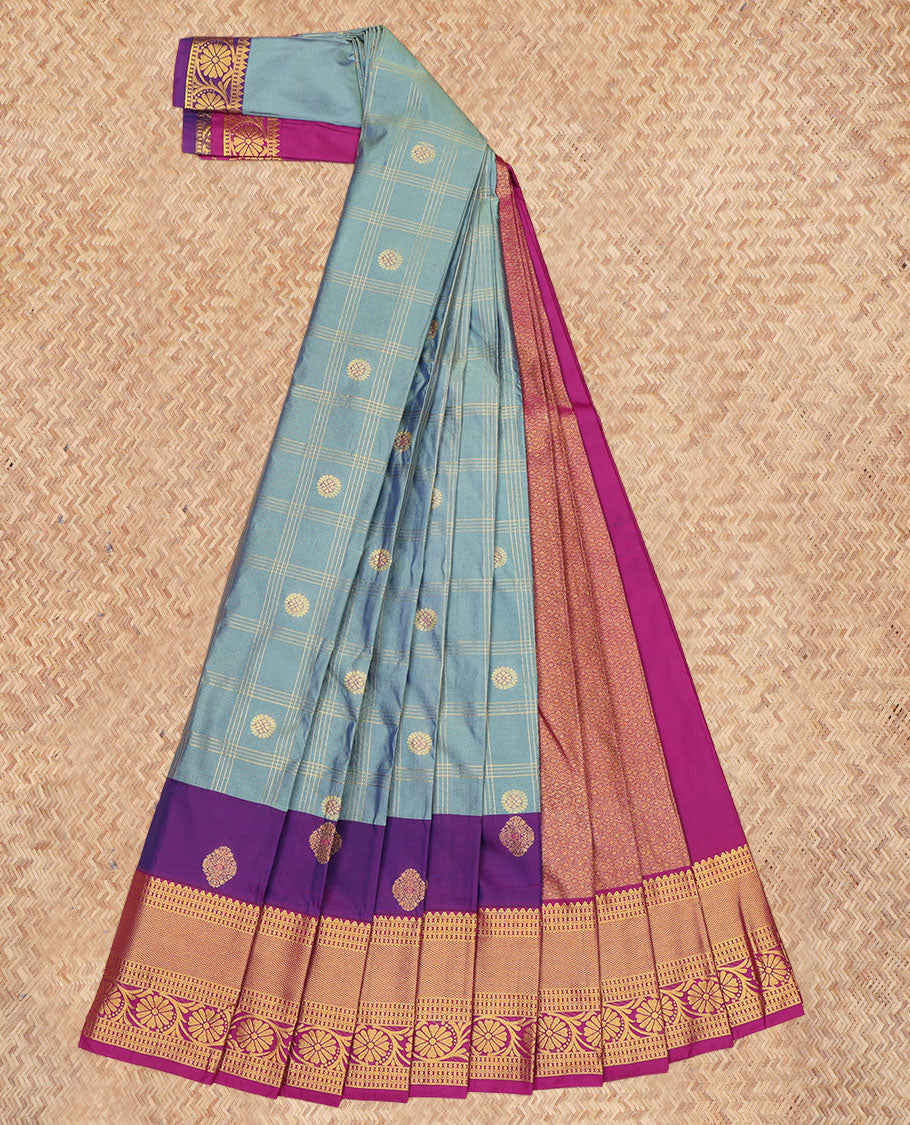 Blue Budget Silk Saree, Elevated with Zari Buttas Enclosed Checks, a Contrast Traditional Zari Border, Grand Pallu, and a Contrast Blouse
