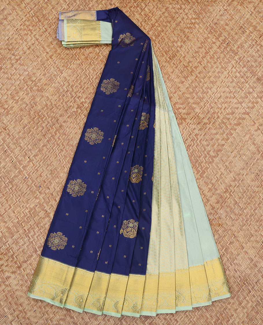 Navy Blue Budget Silk Saree, Detailed with Zari Buttas, a Contrast Traditional Zari Border, Grand Pallu, and a Contrast Blouse