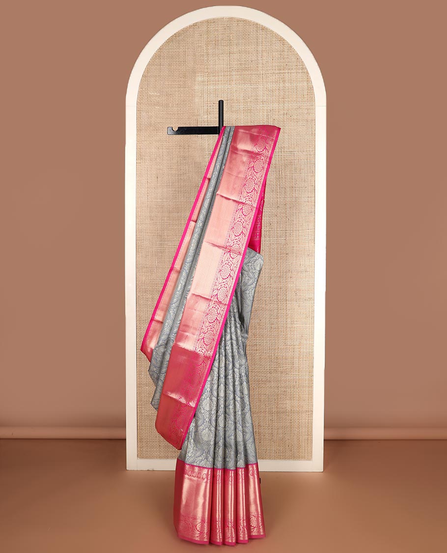 Grey floral jacquard budget silk saree, contrast traditional zari border, and traditional motifs steeped pallu