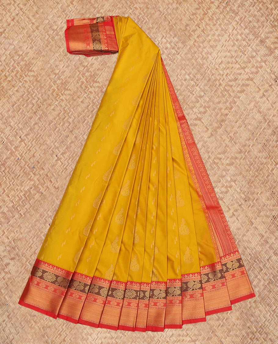 Yellow Budget Silk Saree, Sparsely Woven with Zari Buttas, a Contrast Traditional Zari Border, Intricate Pallu, and a Contrast Blouse
