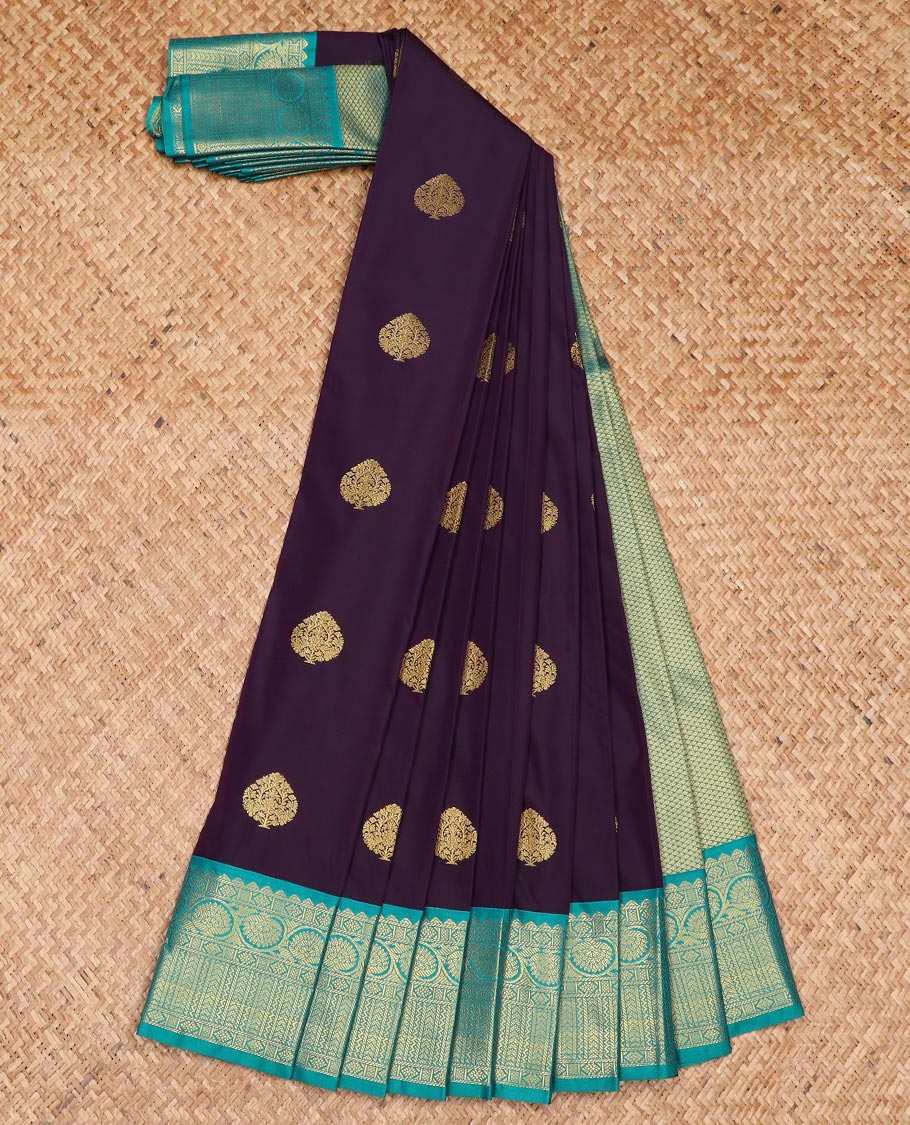 Purple zari buttas gift saree, contrast traditional zari design border, and jaal pallu