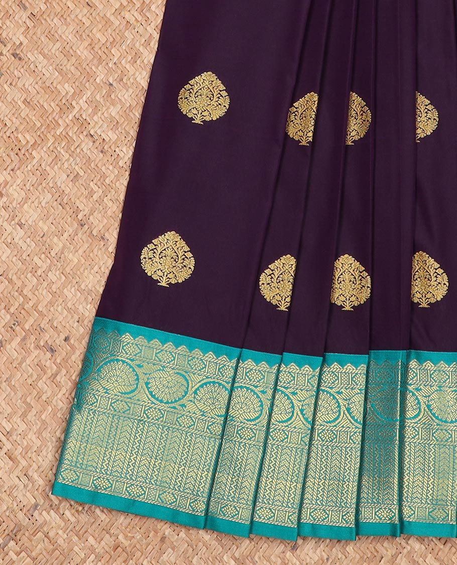 Purple zari buttas gift saree, contrast traditional zari design border, and jaal pallu