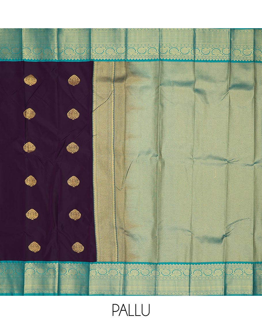 Purple zari buttas gift saree, contrast traditional zari design border, and jaal pallu