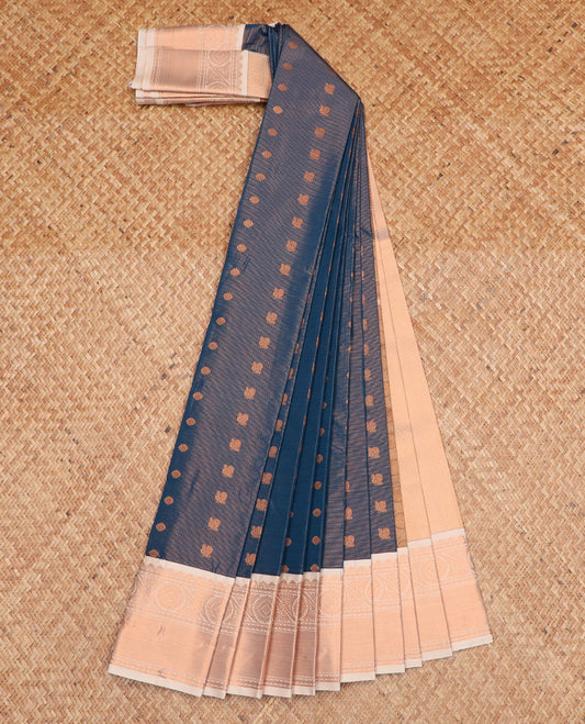 Blue jacquard gift saree, contrast traditional zari design border, and intricate pallu