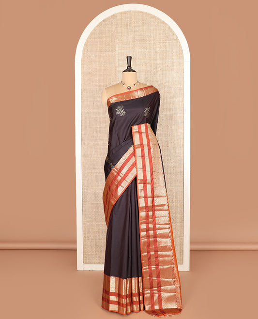 Black zari buttas budget silk saree, contrast varisai pettu traditional zari border, and jaal pallu