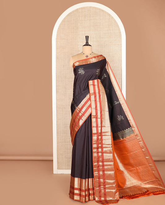 Black zari buttas budget silk saree, contrast varisai pettu traditional zari border, and jaal pallu