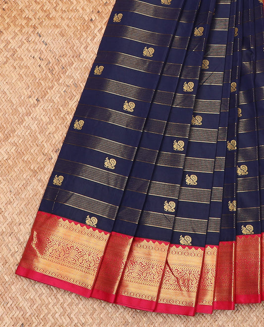 Blue zari stripes and peacock buttas gift saree, contrast traditional zari design rettai pettu border, and jaal pallu