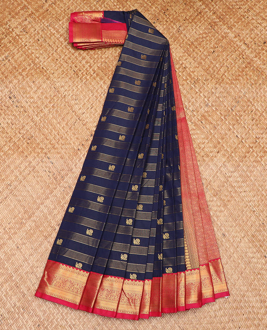 Blue zari stripes and peacock buttas gift saree, contrast traditional zari design rettai pettu border, and jaal pallu