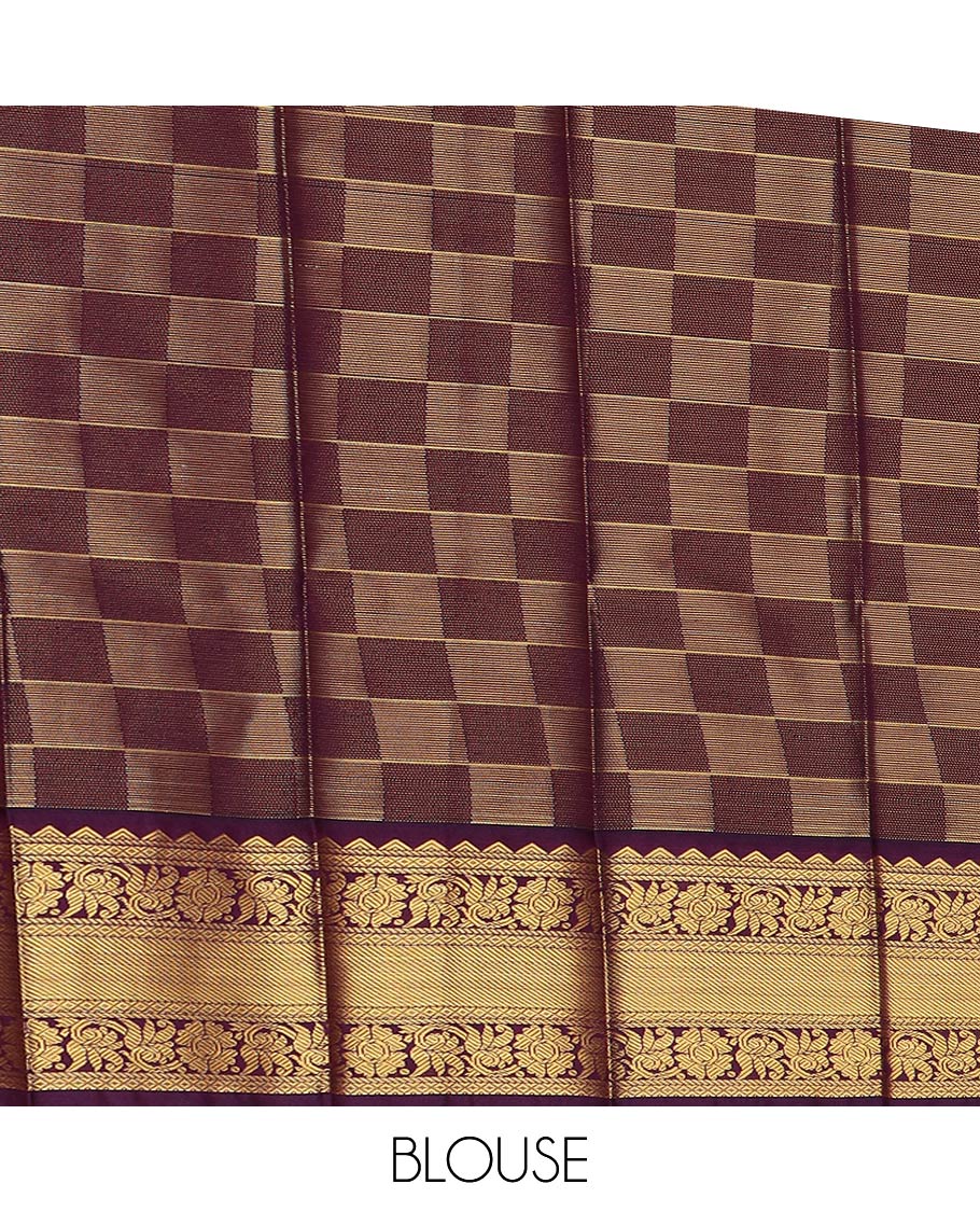 Red butta enclosed checked gift saree, contrast traditional zari design border, and ogee patterned pallu