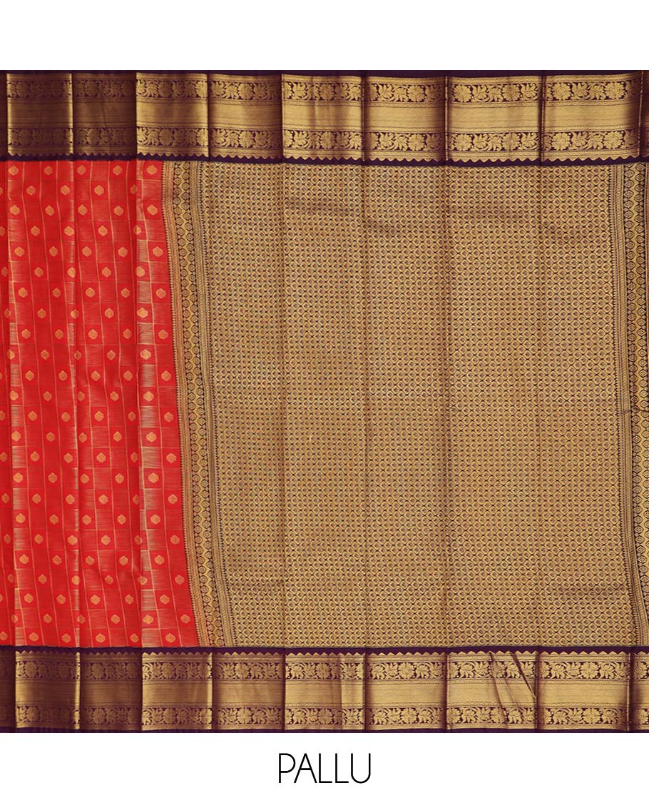 Red butta enclosed checked gift saree, contrast traditional zari design border, and ogee patterned pallu