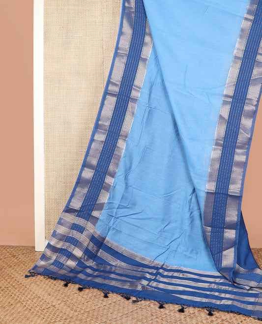 Blue plain assam silk saree, contrast traditional zari border, and pallu of zari stripes