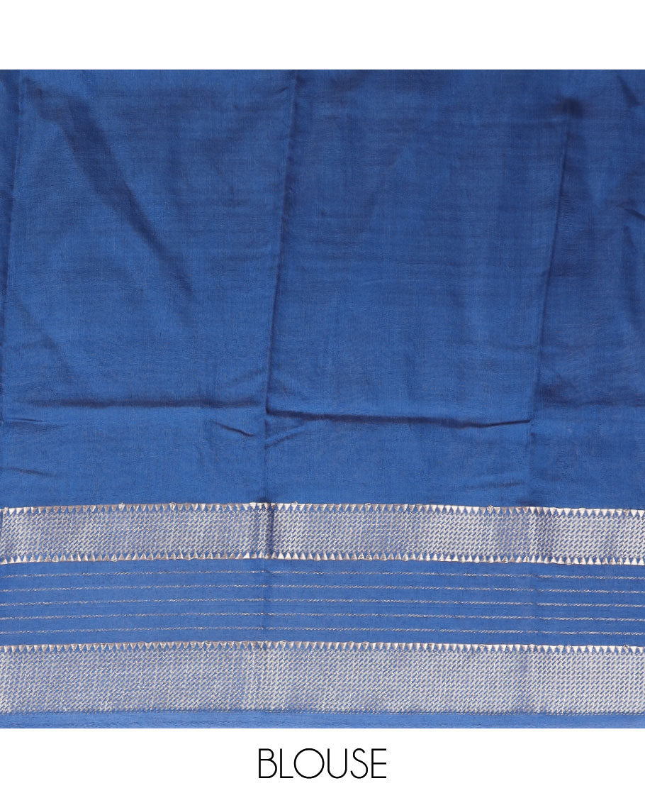 Blue plain assam silk saree, contrast traditional zari border, and pallu of zari stripes