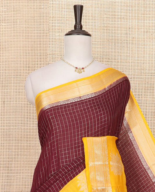 Maroon zari checked Assam silk saree, contrast traditional zari border of floral designs, and pallu of zari designs