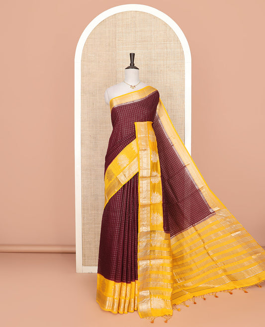 Maroon zari checked Assam silk saree, contrast traditional zari border of floral designs, and pallu of zari designs