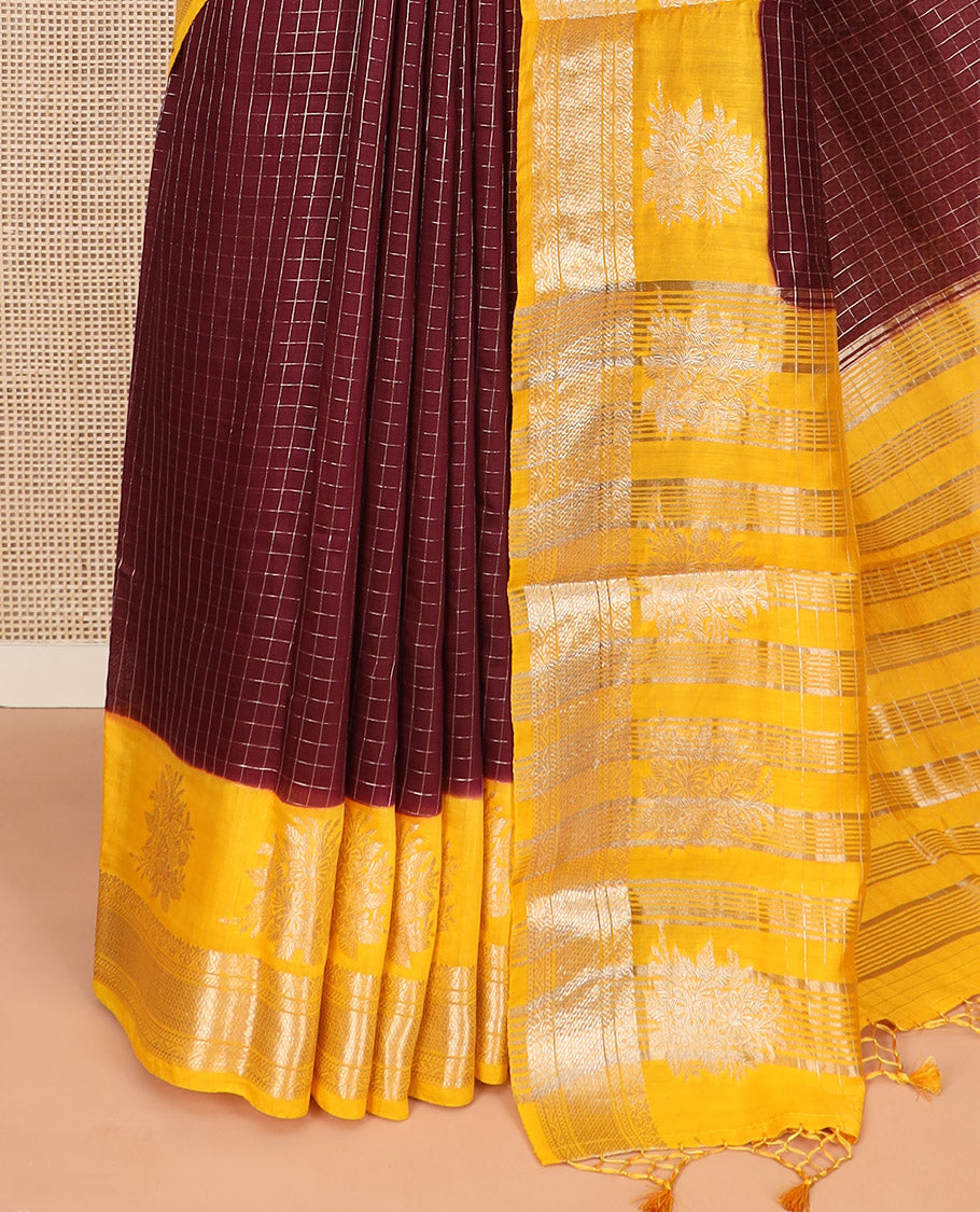 Maroon zari checked Assam silk saree, contrast traditional zari border of floral designs, and pallu of zari designs