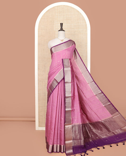 Pink Assam Silk Saree Detailed with Butta Enclosed Checks, Complemented by Contrast Traditional Zari Border, Gleaming Pallu of Zari Designs, and Paired with a Contrast Blouse