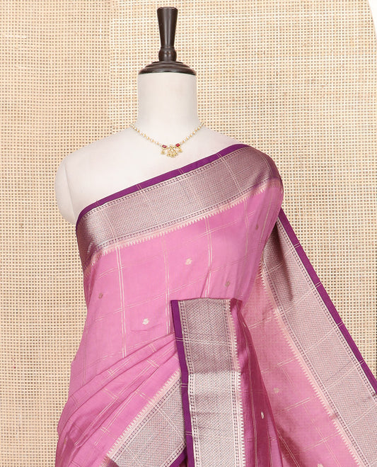 Pink Assam Silk Saree Detailed with Butta Enclosed Checks, Complemented by Contrast Traditional Zari Border, Gleaming Pallu of Zari Designs, and Paired with a Contrast Blouse
