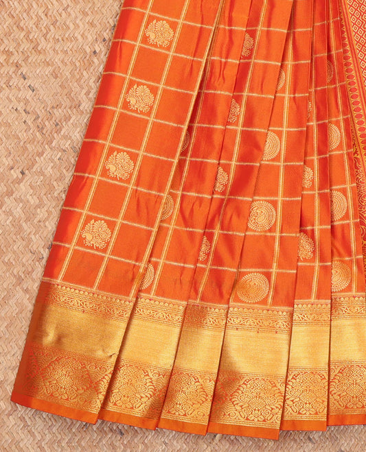 Orange Budget Silk Saree, Beautified with Zari Butta Enclosed Checks All Over Its Body, Highlighted by Traditional Zari Design Border, a Grand Jaal Pallu, and Paired with a Matching Blouse