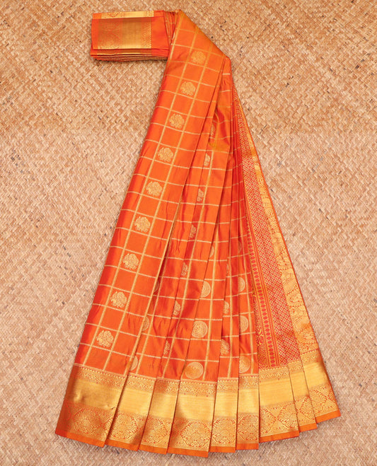 Orange Budget Silk Saree, Beautified with Zari Butta Enclosed Checks All Over Its Body, Highlighted by Traditional Zari Design Border, a Grand Jaal Pallu, and Paired with a Matching Blouse
