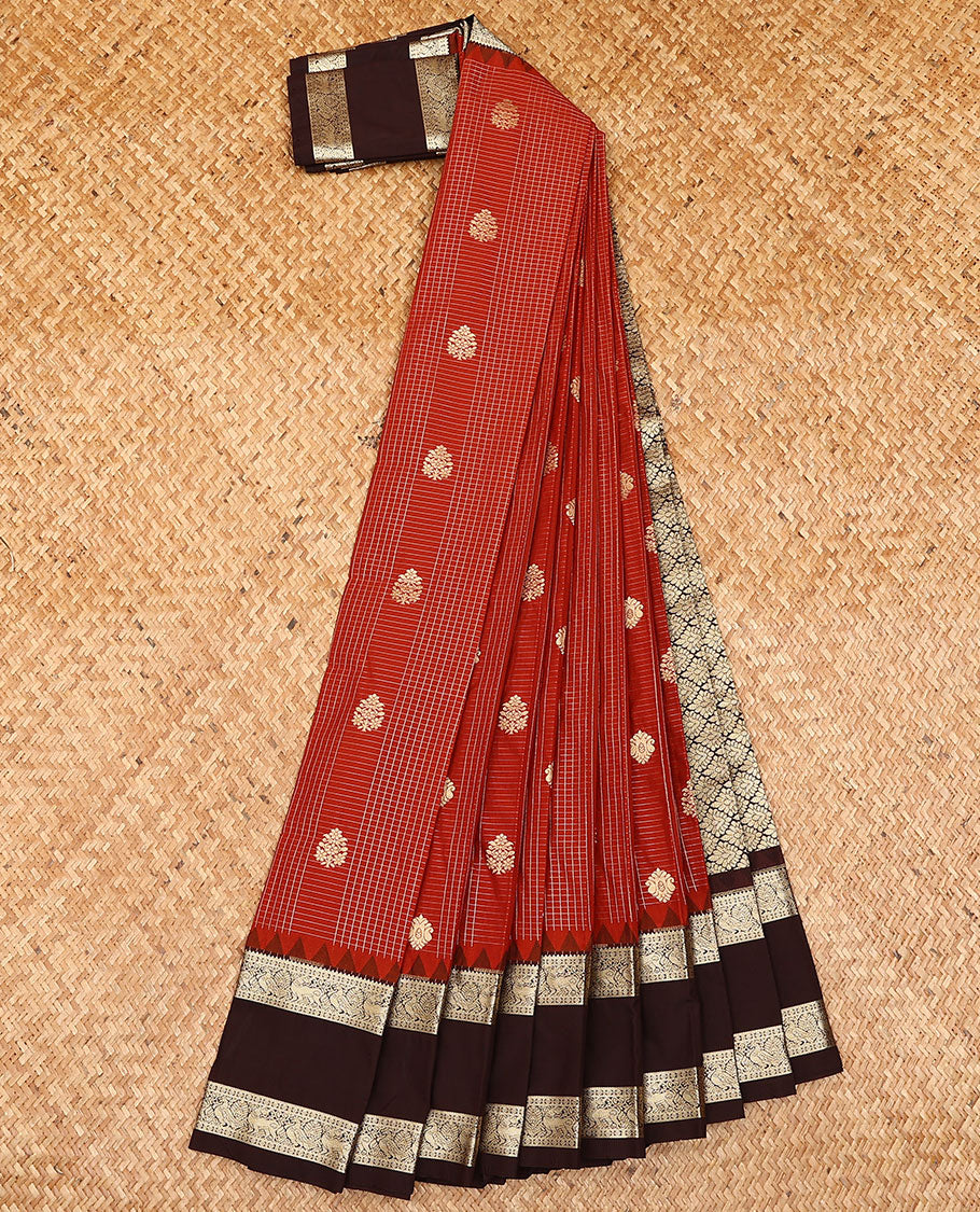 Red zari buttas and checked budget silk saree, contrast traditional zari design border, and jaal pallu