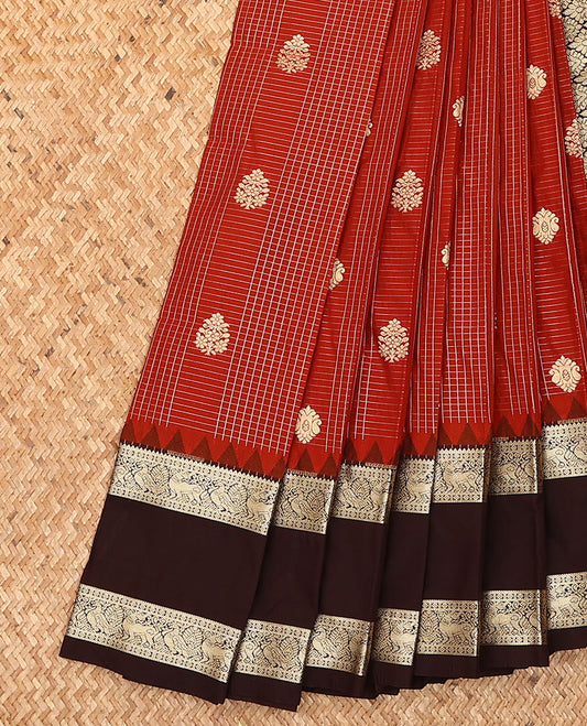 Red zari buttas and checked budget silk saree, contrast traditional zari design border, and jaal pallu