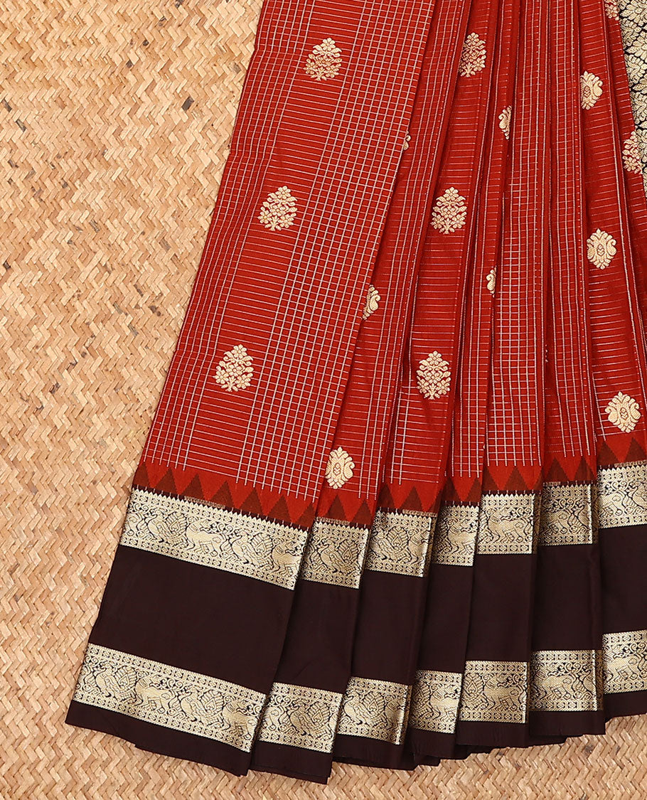 Red zari buttas and checked budget silk saree, contrast traditional zari design border, and jaal pallu