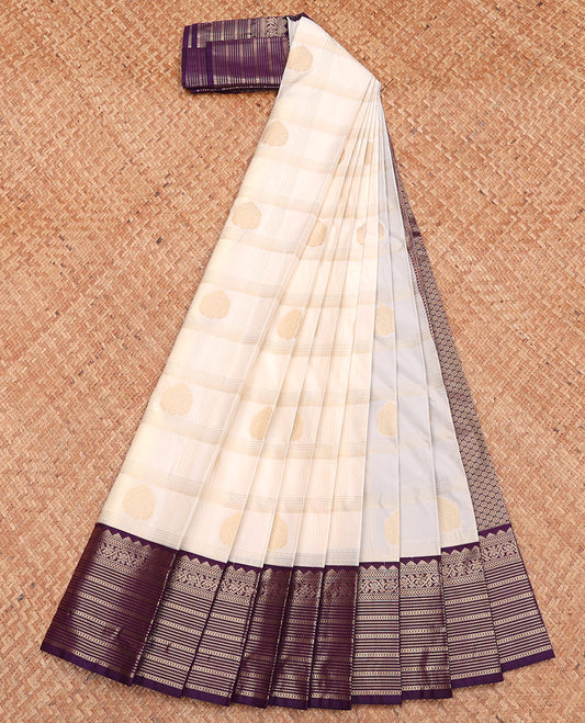 Cream Budget Silk Saree, Masterfully Woven with Zari Butta Enclosed Checks, Complemented by a Contrast Traditional Zari Border, Jaal Pallu, and Contrast Blouse