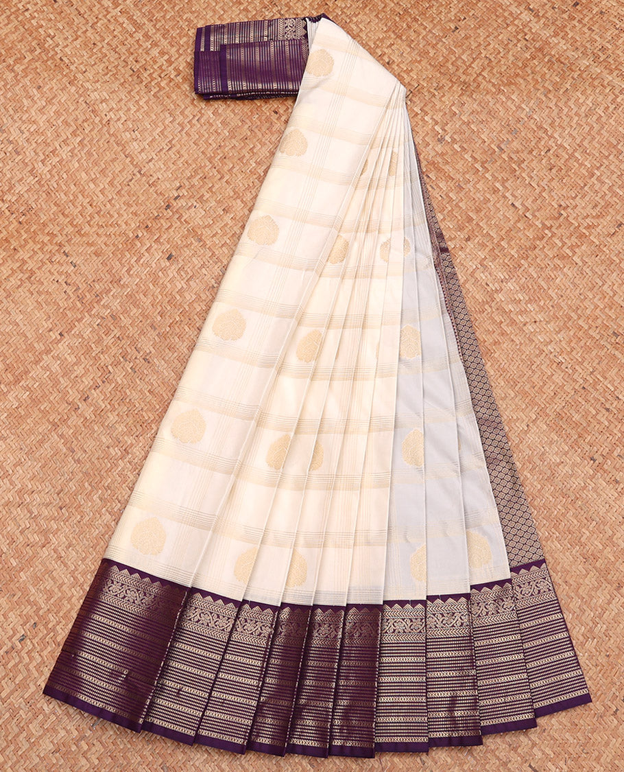 Cream Budget Silk Saree, Masterfully Woven with Zari Butta Enclosed Checks, Complemented by a Contrast Traditional Zari Border, Jaal Pallu, and Contrast Blouse