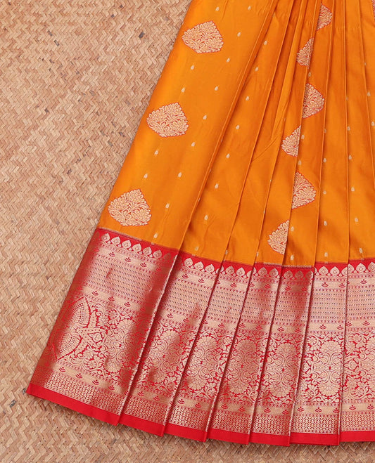 Orange Budget Silk Saree, Bedecked with Zari Buttas, Complemented by a Contrast Traditional Zari Design Border, Grand Pallu, and a Contrast Blouse