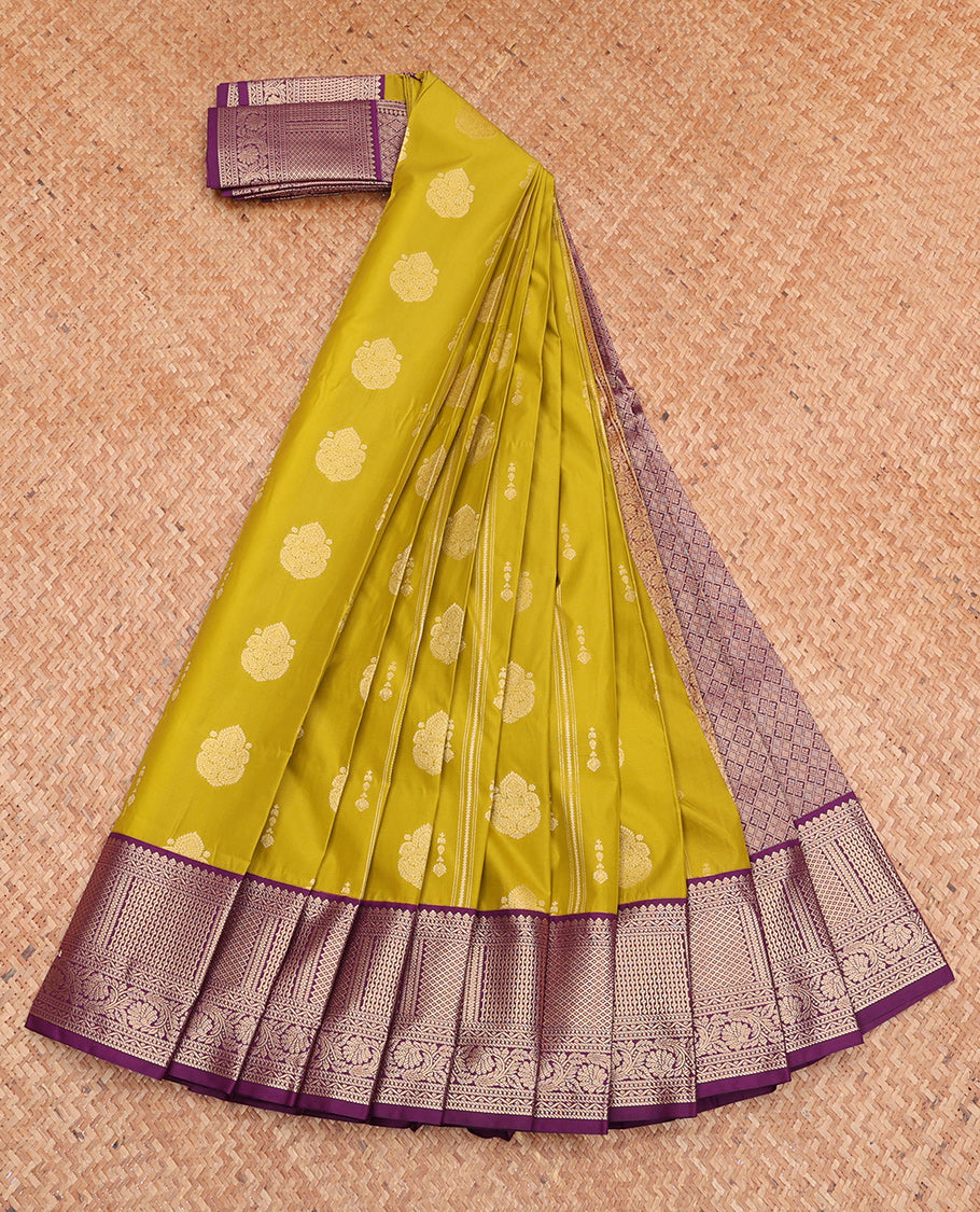 Green Budget Silk Saree, Accentuated with Zari Buttas and Stripes, Complemented by Contrast Traditional Zari Border, Jaal Pallu, and a Contrast Blouse