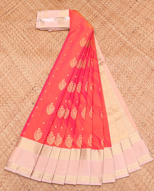 Orange Budget Silk Saree, Detailed with Zari Buttas, Complemented by a Contrast Traditional Zari Rettai Pettu Border, Grand Pallu, and a Contrast Blouse