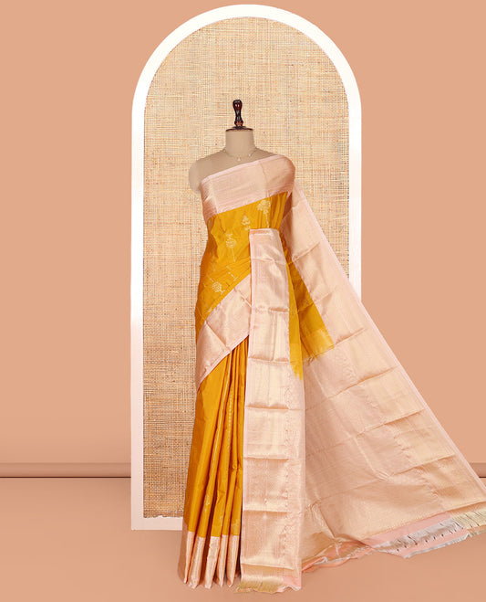 Yellow Budget Silk Saree, Subtly Sparkled with Zari Buttas on Its Body, Complemented by a Contrast Traditional Zari Design Border, Intricately Designed Pallu, and Paired with a Contrast Blouse