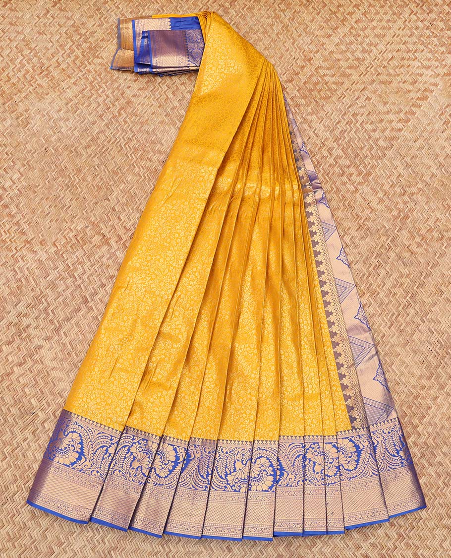 Yellow Budget Silk Saree, Showcasing Jacquard Design, Complemented by Contrast Traditional Zari Border, a Grand Pallu and a Contrast Blouse