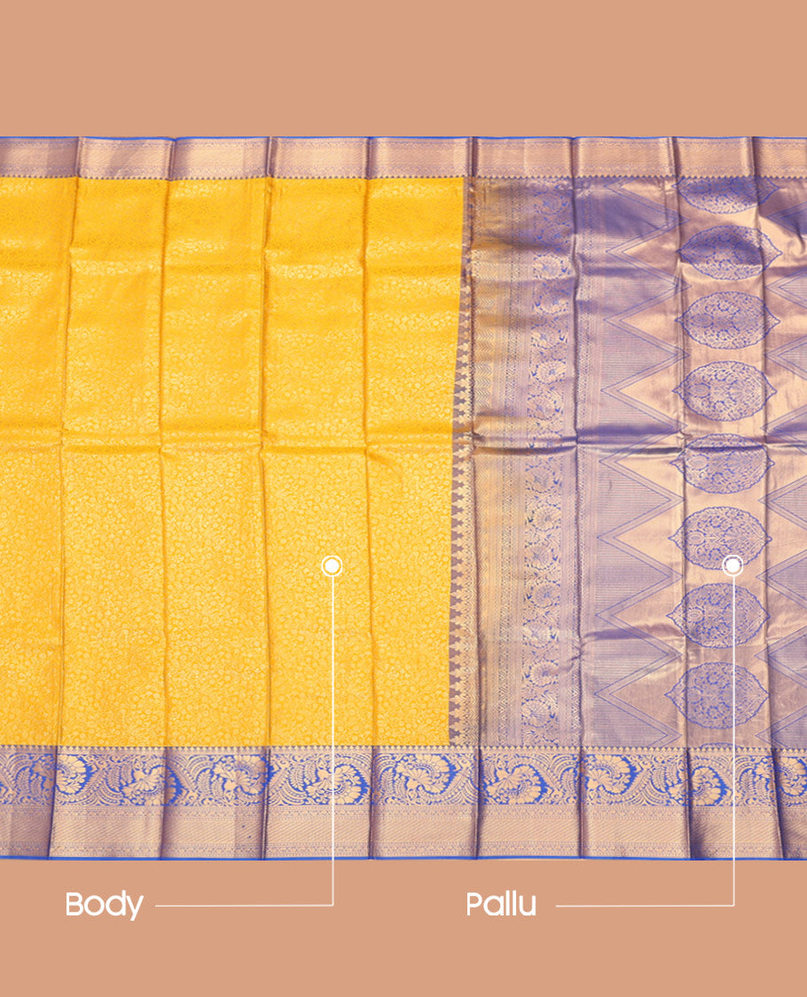 Yellow Budget Silk Saree, Showcasing Jacquard Design, Complemented by Contrast Traditional Zari Border, a Grand Pallu and a Contrast Blouse