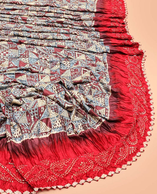 Multi-color geometric printed bandhani silk saree, contrast bandhani dots printed border, and dots enclosed zari checked pallu