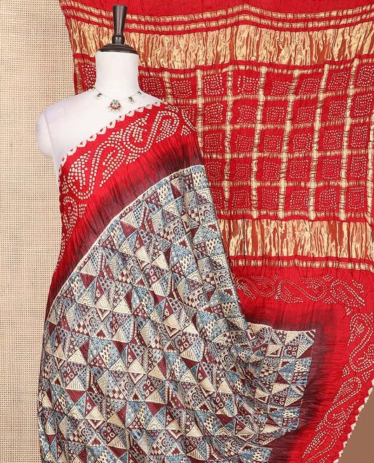 Multi-color geometric printed bandhani silk saree, contrast bandhani dots printed border, and dots enclosed zari checked pallu