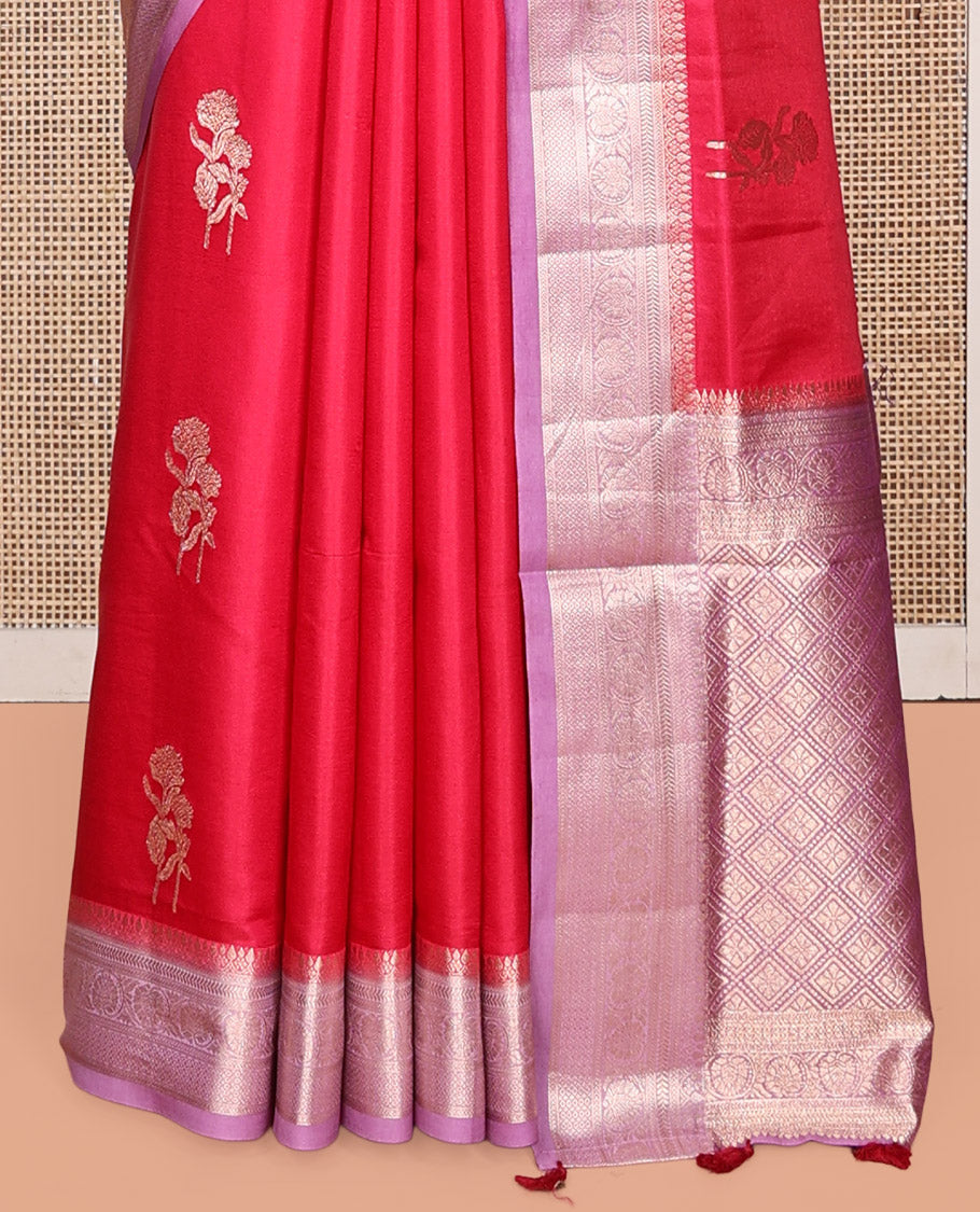 Red Satin Silk Saree, Majestically Detailed with Floral Buttas, Complemented by a Contrast Traditional Zari Border,  Grand Jaal Pallu, and a Contrast Blouse