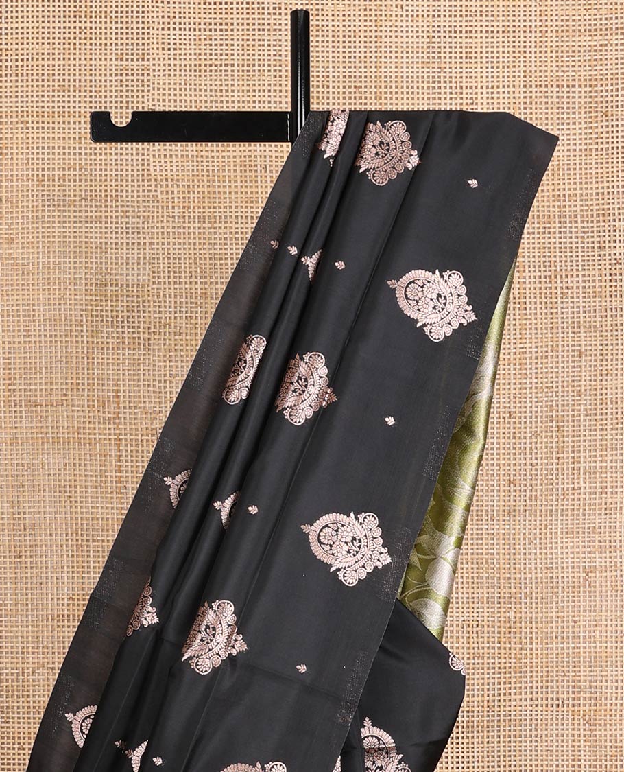Borderless black zari buttas butter silk saree, contrast rose floral design weave pallu