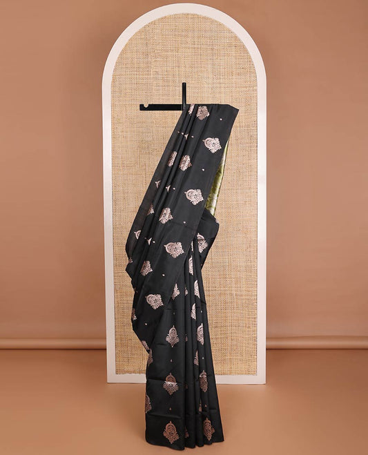 Borderless black zari buttas butter silk saree, contrast rose floral design weave pallu