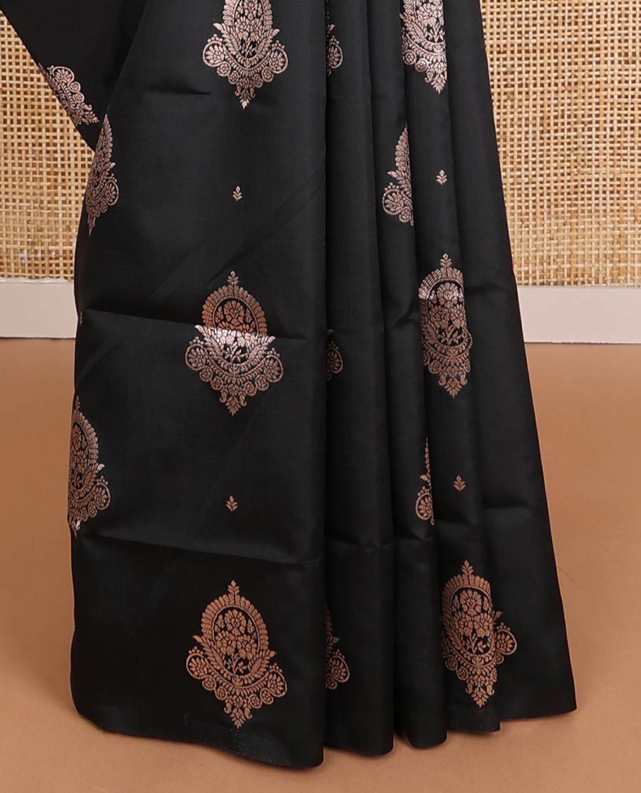 Borderless black zari buttas butter silk saree, contrast rose floral design weave pallu