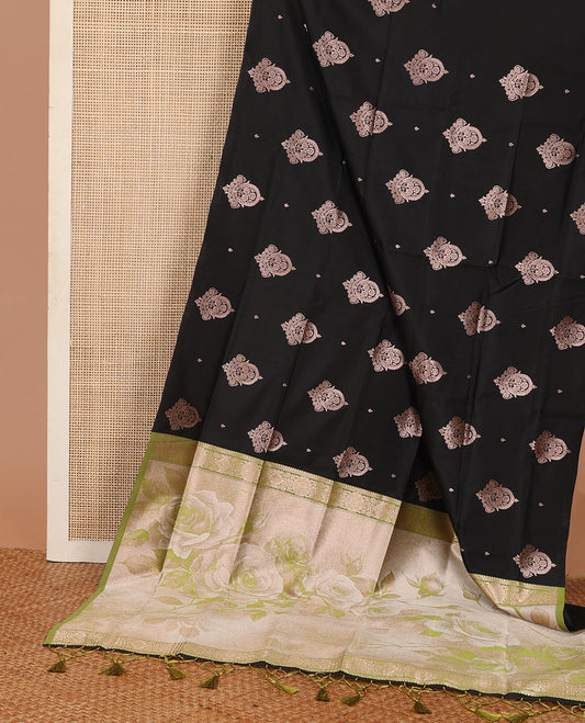Borderless black zari buttas butter silk saree, contrast rose floral design weave pallu