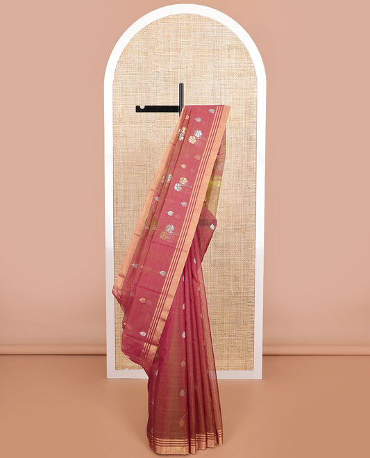Dusty red floral motifs chanderi cotton saree with self zari design border & striped pallu