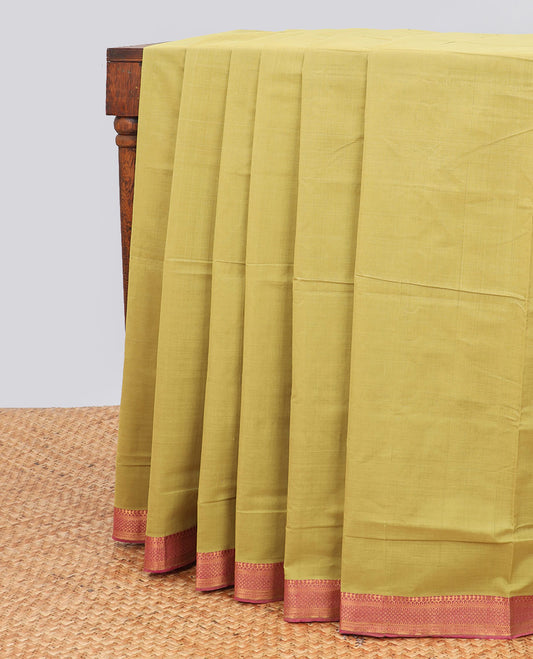 Dusky green mangalagiri cotton saree contrast temple border & striped pallu