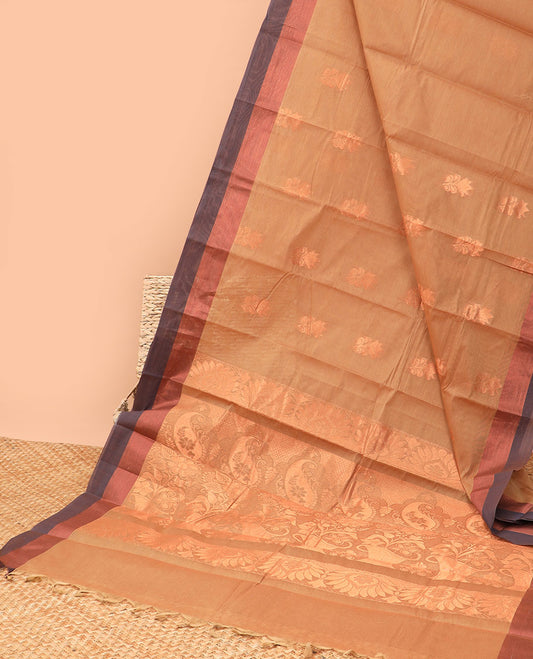 Light brown floral motifs kanchi cotton saree with contrast border & floral design pallu