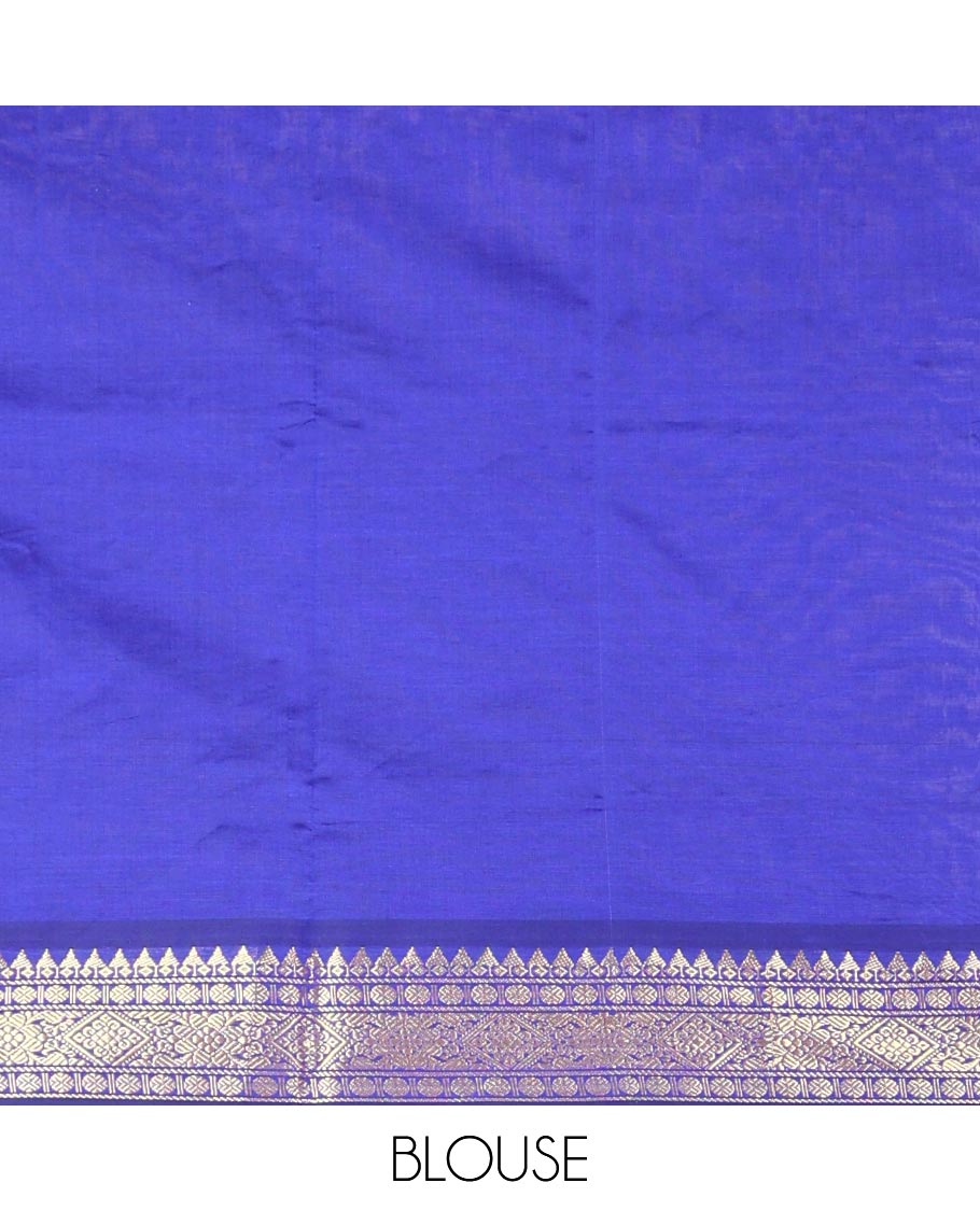 Sandal Plain Poly Cotton Saree, Complemented by a Contrast Temple Traditional Zari Designs Border, Pallu of Stripes, and Paired with a Contrast Blouse