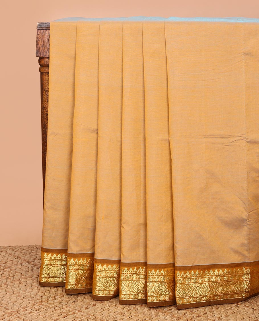 Sandal Plain Poly Cotton Saree, Complemented by a Contrast Temple Traditional Zari Designs Border, Pallu of Stripes, and Paired with a Contrast Blouse