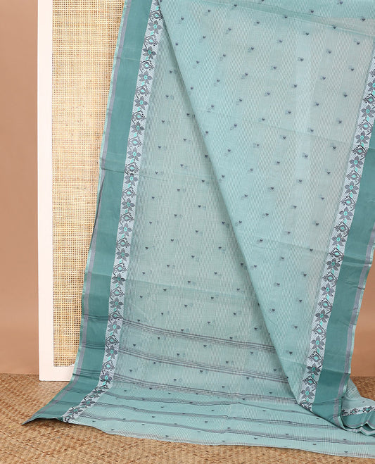 Blue stripes and buttas Bengal cotton saree, floral creeper border, and pallu of stripes, and buttas