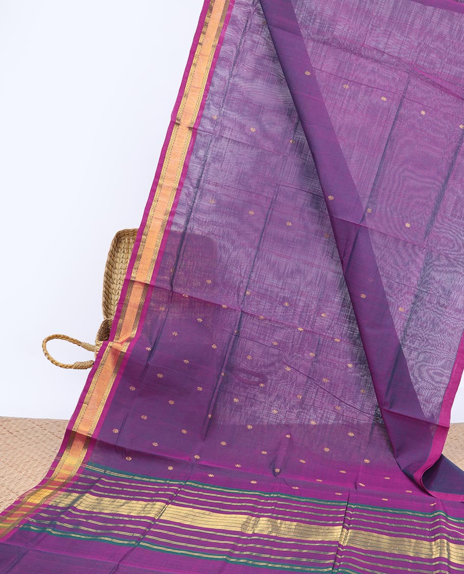 Purple buttas Vengatagiri cotton saree, contrast zari border & striped pallu